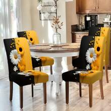 2/4/6pcs Black And Yellow Stretchable Chair Covers, Classic Daisy Print Pattern Polyester Removable Washable High Elastic Chair Cover, For Home, Office, Restaurant, Banquet Decoration - Multifunctional Furniture Protector - Multicolor - View 4