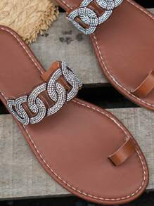 Women's Summer Beach Style Round Toe Flat Sandals, Shiny Rhinestone Bohemian Casual Comfortable Slip-On Toe Post Slippers