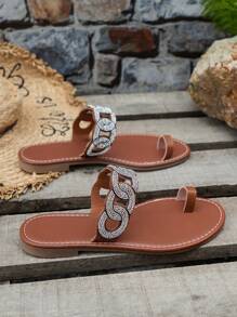 Women's Summer Beach Style Round Toe Flat Sandals, Shiny Rhinestone Bohemian Casual Comfortable Slip-On Toe Post Slippers