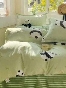 4件套居家臥室宿舍上下舖床品套裝，男女適用，印花雙面設計，花卉植物碎花條紋格紋，AB面可正反雙面使用被套、床單與2件枕套，4件套（1件被套+1件床單+2件枕套），磨毛親膚柔軟觸感，可水洗、耐褪色、抗菌，加層保暖 - 愛你熊 - 查看 10