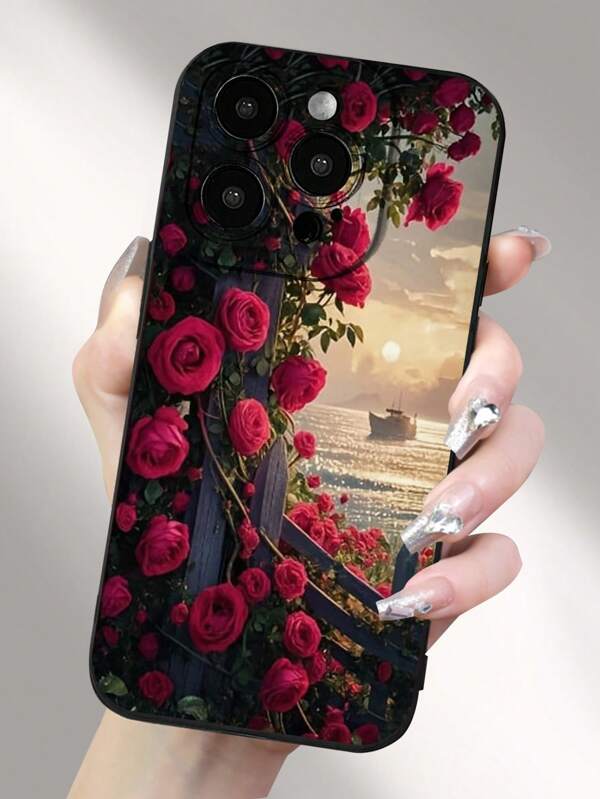 Flower Phone Case Rose Painted Anti-Fall Black Protective Phone Case Compatible With IPhone 16/IPhone 15 XR/7/8, IPhone 15 Pro Max/12 Pro Max/13 Pro Max/14 Pro Max 13 14 11 12P 14P 11P 12P, Soft Cover Compatible With IPhone XS.XR /78P.78GES2, Redmi Series S24, A03s, A03core, A04, A12, A13, A14, A21s, A22, A23, A24, A32, A33a34, A5, A51, A52, A53, A54, A71, A72, A73, S20fe, S21, S22 And Redmi Series Redmi 9, Redmi 9a