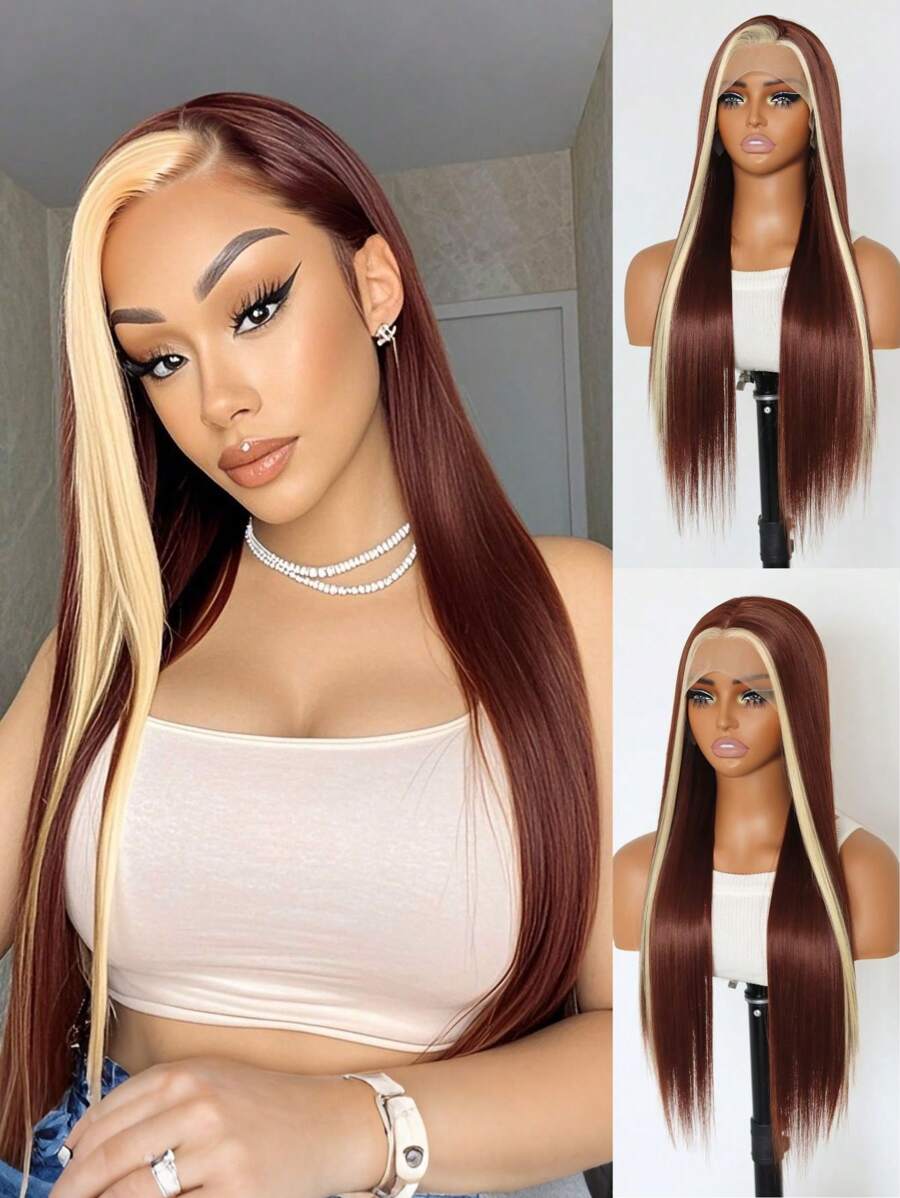 SALLYWELL Tóc giả ren phía trước màu vàng ombre cho phụ nữ 13 * 4 inch tổng hợp nhiệt sợi màu nâu đỏ Bonde màu nâu đỏ thẳng được nhổ sẵn đường chân tóc tóc giả ren phía trước không cần keo dán để sử dụng hàng ngày trong các bữa tiệc - Làm nổi bật tóc vàng - Xem 1