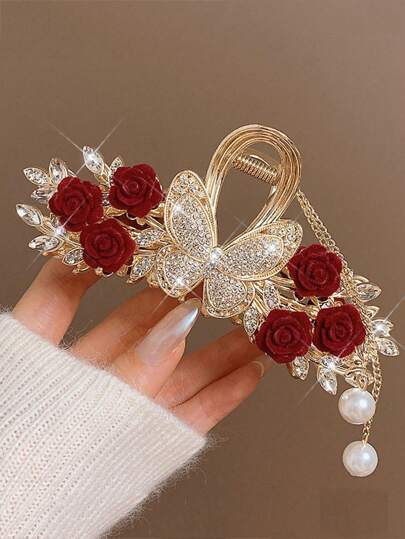 1pc Elegant Rhinestone Faux Pearl Rose Flocked Butterfly Hair Claw, Vintage Romantic Chic High-End Hair Clip Accessory Suitable For Daily Wear,Flower Claw Valentine's Day Valentines,Hair Accessories,Claw Clips,Hair Jaw Clip,Hair Clutch Fall Winter For Vacation Outfits Woman