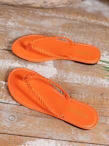 Woven Women Summer Flat Thong Sandals, Casual Holiday Beach Flip Flops - Orange - View 6