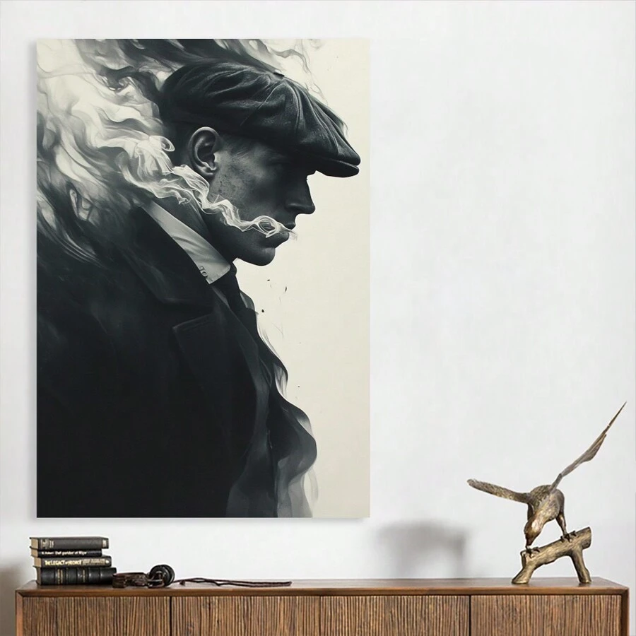 Framed-Gentleman Smoking Retro Canvas Wall Art Black And White Decor Ideal For Men - 裱框 - 查看 1
