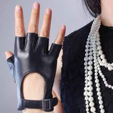 Adjustable Black Faux Leather Half Finger Gloves - Warm, Non-Stretch, Suitable For Cycling, Performance And Cosplay