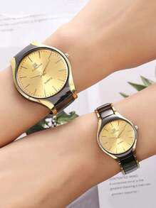 4件套时尚百搭休闲圆形情侣手表，简约钢带石英表搭配心形吊坠项链，情侣对表礼盒套装，适合婚礼、派对、节日、返校季、圣诞节及日常佩戴 - 金色 - 查看 2