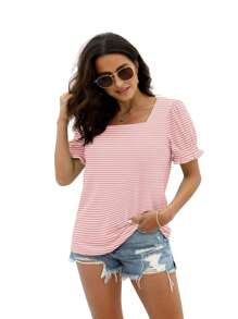 LKESRC Women's Fashion Lantern Sleeve Square Neck Tee Loose Casual Short Sleeve Elegant Summer Tops - 條紋粉紅色 - 查看 4
