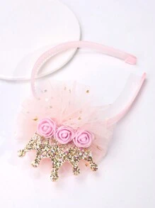 1pc Girls Cute Flower, Mesh, Star Decor, Sequin Crown Headband - Pink - View 4
