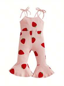 Toddler Baby Girl Strawberry Flare Jumpsuit Bell Bottom Romper Summer Outfit Kid Girls Spaghetti Straps One-Piece - Pink - View 7