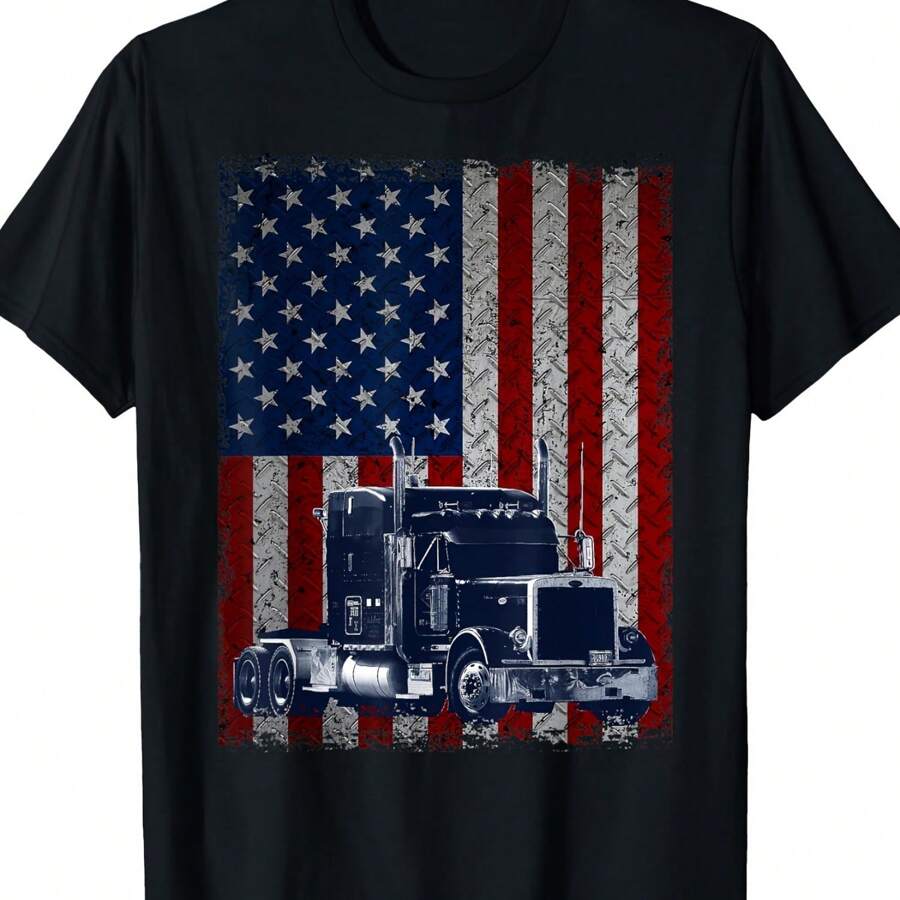 Truck Driver American Flag Trucker Gift T-Shirt220g - Black - View 1