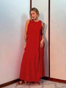 Women's Long Loose Cotton Knit Dress In Aveloz - 紅色 - 查看 1