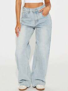 复古蓝色牛仔休闲裤，女士春夏穿搭，宽松阔腿直筒牛仔裤，男友风