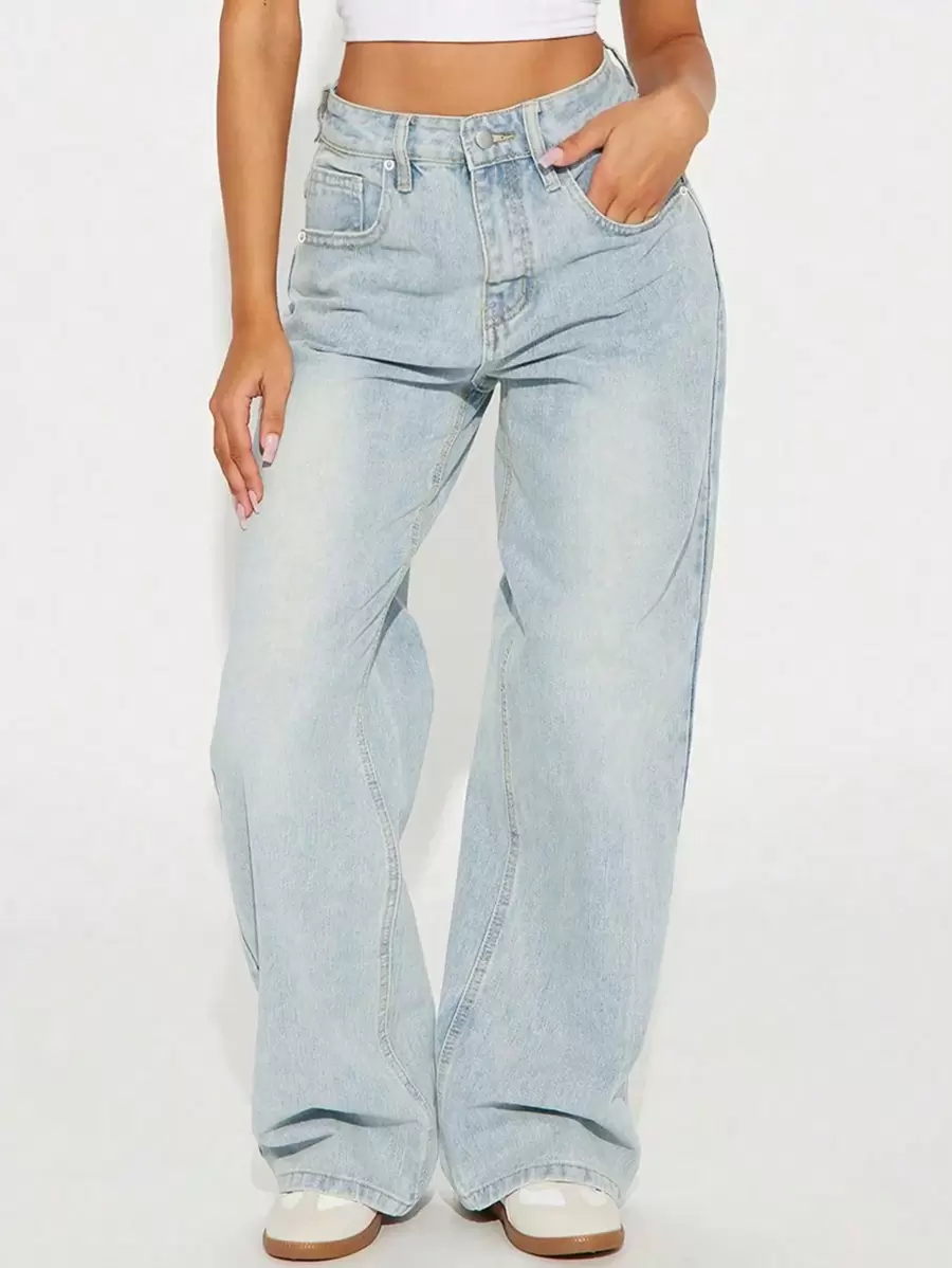 复古蓝色牛仔休闲裤，女士春夏穿搭，宽松阔腿直筒牛仔裤，男友风