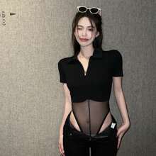 Women Short Sleeve Bodysuits Solid Color Mesh See-Through Turn-Down Collar Zipper-Up Night Club Skinny Rompers