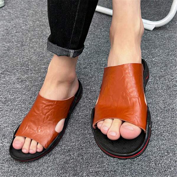 Pantuflas de PU para hombres, sandalias clásicas de verano para hombres, suaves y negras, cómodas para exteriores, pantuflas ligeras de EVA para hombres