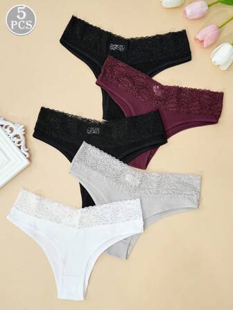 5 Pcs Women's Multicolor Lace Waistband Triangle Pants Simple Comfortable Panties