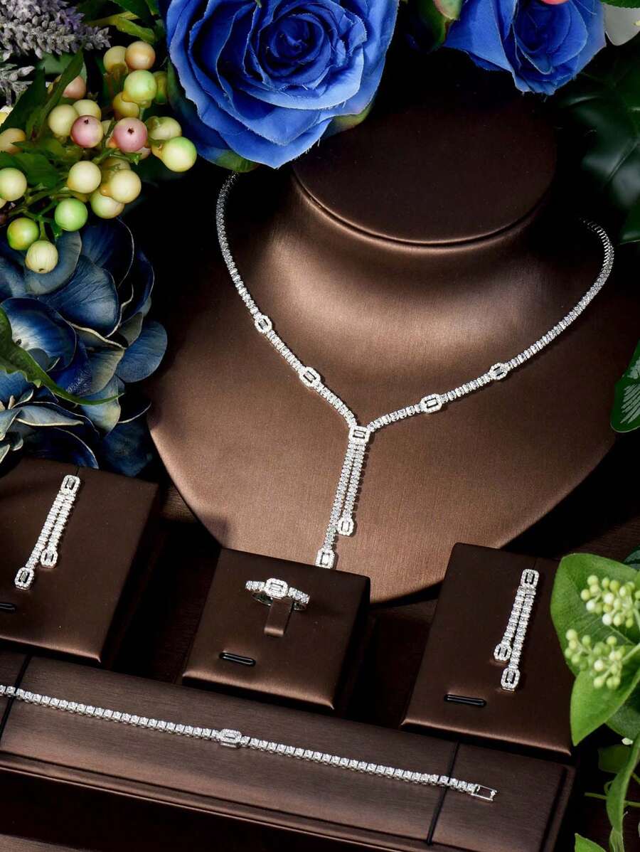 1 Bộ trang sức trang trí hình thoi Cubic Zirconia thời trang, thích hợp làm quà tặng ngày lễ tình nhân cho phụ nữ - Bạc - Xem 1