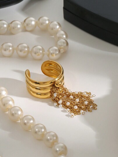 Uworld 1 قطعة خاتم مفتوح حلقة بسلسلة وشرابة، مطلي بالذهب عيار 18 قيراط، من الفولاذ المقاوم للصدأ، مناسب للعطلات والشواطئ والمناسبات والأعياد