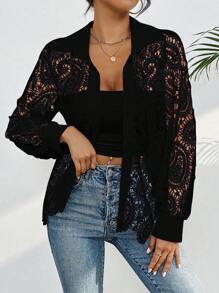 Guipure Lace Shirt With Long Sleeves And Collar - Black - View 5