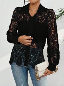 Guipure Lace Shirt With Long Sleeves And Collar - Black - View 3