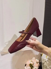 Women's Metal Buckle Decor Strap Hook And Loop Closure Square Toe Block Heel Pumps, Elegant Casual Shoes For Spring/Autumn, Holiday, Date, Fashion, Black, Burgundy, Beige - Burgundy - View 3