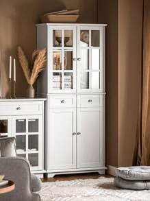 SoBuy Armário de cozinha FSB76-W com portas de vidro, armário alto, armário de arrumação, armário de casa de banho com 6 compartimentos e 2 gavetas, buffet, branco, aprox. 75x175x40cm (LxAxP). - Branco - Ver 1