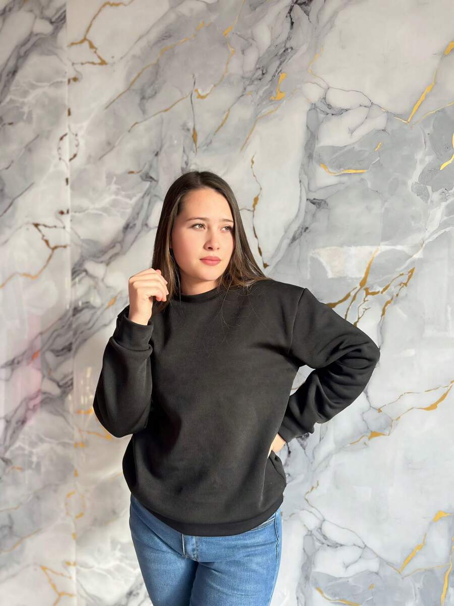 SUDADERA HODDIE AFELPADA UNICOLOR HOMBRE MUJER UNISEX CUELLO REDONDO LISA SIN BOLSILLO NI CANGURO DELANTERO - Negro - Ver 1