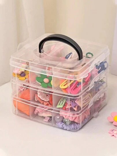 1 件 3 层透明塑料收纳盒、珠宝盒、首饰盒、储物柜、收纳盒、白色、复活节元素、可用于化妆品、珠宝、玩具、袜子等、带手柄多隔层元件盒电子零件螺丝配件工具分类网格防尘大容量发饰耳环项链珠子工艺用品盒、情人节礼物、圣诞节礼物返校