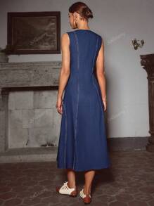 Sollinarry Women's New Simple Denim Look Sleeveless Waisted Dress, Old Money Vibe, Office/Teacher Wear, Suitable For 4th Of July