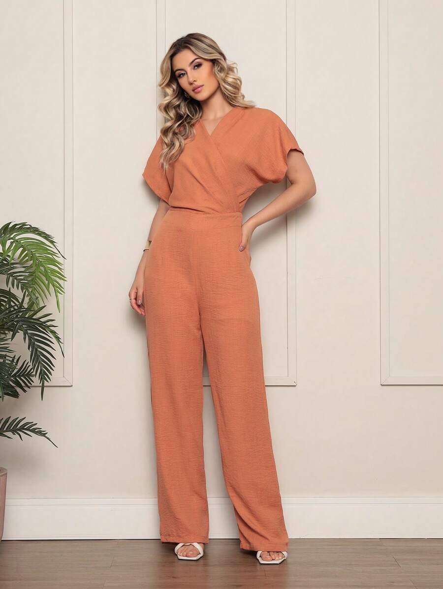 ALETHEIA - ELEGANT LINED SHORT SLEEVE OVERALLS WITH ZIPPER OPENING MADE IN LINEN -  WOMEN'S OVERALLS - Màu Cam cháy - Xem 1