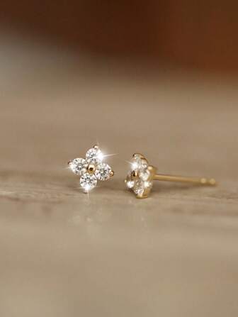 1 Pair S925 Sterling Silver Lucky Four-Leaf Clover Stud Earrings With Cute Zirconia, White Diamond, Pink Diamond, Purple Diamond Crystal Flower Cartilage Earring, Fashion Jewelry, Gift Box Included For Valentine's Day, Party, Daily Wear