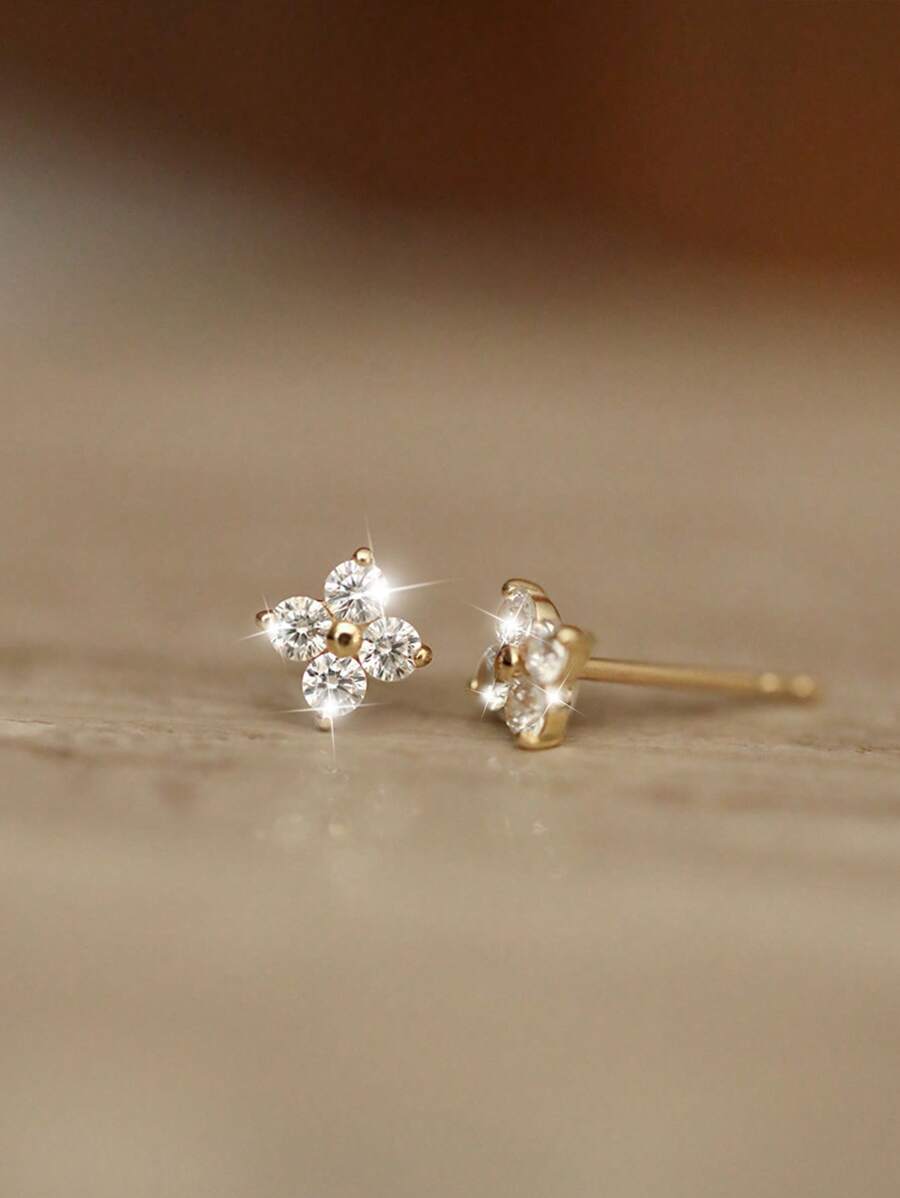 1 对 S925 纯银幸运四叶草耳钉，镶嵌可爱锆石、白钻、粉钻、紫钻水晶花耳钉，时尚珠宝，含礼盒，适合情人节、派对、日常佩戴