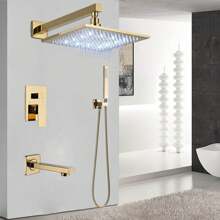 Modern Shower Faucet System 12 In LED Rainfall Shower Head 3-Function With Tub Spout & Hand Shower Wall Mounted - Gold - View 1
