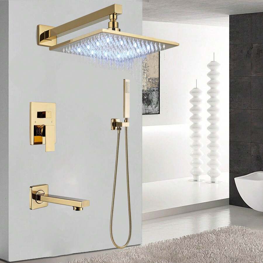 Modern Shower Faucet System 12 In LED Rainfall Shower Head 3-Function With Tub Spout & Hand Shower Wall Mounted - Gold - View 1