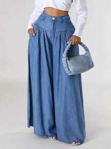 Women's Hight Waist Denim Wide Leg Pants - European & American Street Fashion Loose Button Trousers For Summer Clothes - 中等水洗藍 - 查看 2