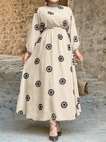 Ramadan New Arrival: Beige Black Floral Print Cinched Waist Lantern Sleeve Maxi Dress, Casual/Commute Elegant Versatile - Apricot - View 1