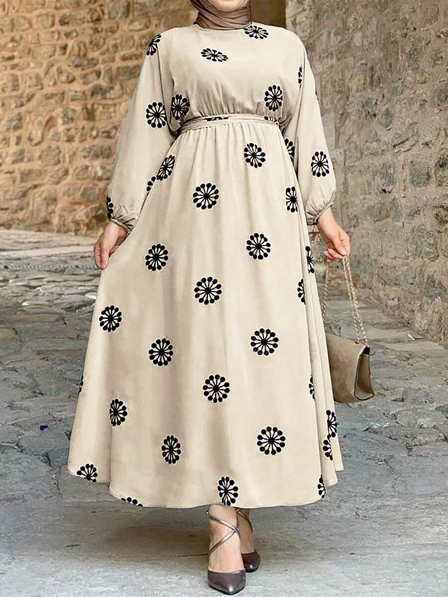 Ramadan New Arrival: Beige Black Floral Print Cinched Waist Lantern Sleeve Maxi Dress, Casual/Commute Elegant Versatile - Apricot - View 1