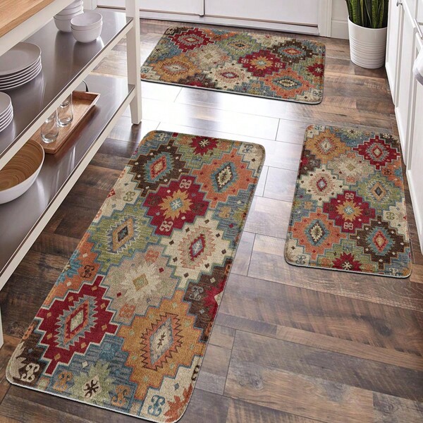 1 pezzo Tappeto con superficie morbida e imbottita, motivo floreale geometrico, stile bohémien, confortevole sotto i piedi, tappetino anti-fatica per casa, bagno, cucina, ingresso, decorazione per la casa, tappeto da bagno, accessori da bagno, articoli per il ritorno a scuola