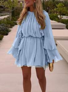 Women's Elegant Chiffon Casual/Holiday Layered Ruffled Loose Dress, Boho/Bohemian Style, Spring/Summer Outfit, Spring Break Attire - Baby Blue - View 9
