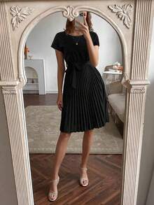 Women's Lace Splice Ruffle Hem Self-Tie Elegant Mid-Length Dress - Black - View 5