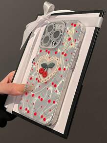 高级 Ins 风格樱桃刺绣心形设计手机壳，兼容 16 ProMax、新款 15 Pro、 14 Plus/13、 12 PM、 11，亮面硅胶软保护套防水防震防摔防刮