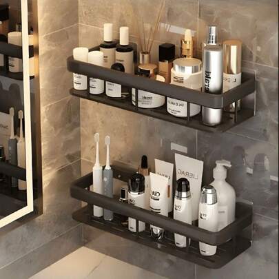 KIT 2 Suporte de Metal Adesivo para Parede Organizador Shampoo Banheiro Prateleira Alumínio Multiuso