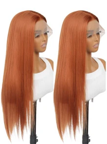 SALLYWELL 13*4 姜橙色蕾丝前假发，24 英寸长自然直发合成假发，适合日常佩戴和派对 - 薑色 - 查看 4