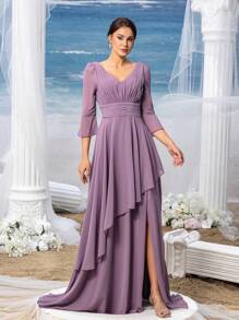 Faeriesty Mosy Elegant 3/4 Sleeves Asymmetrical Ruffles Hem Chiffon Party Dress Mother Of The Bride Dress - Mauve Purple - View 2