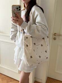 Cartoon Bear Printed Corduroy Large Capacity Tote Shoulder Bag For Students, Underarm Bag