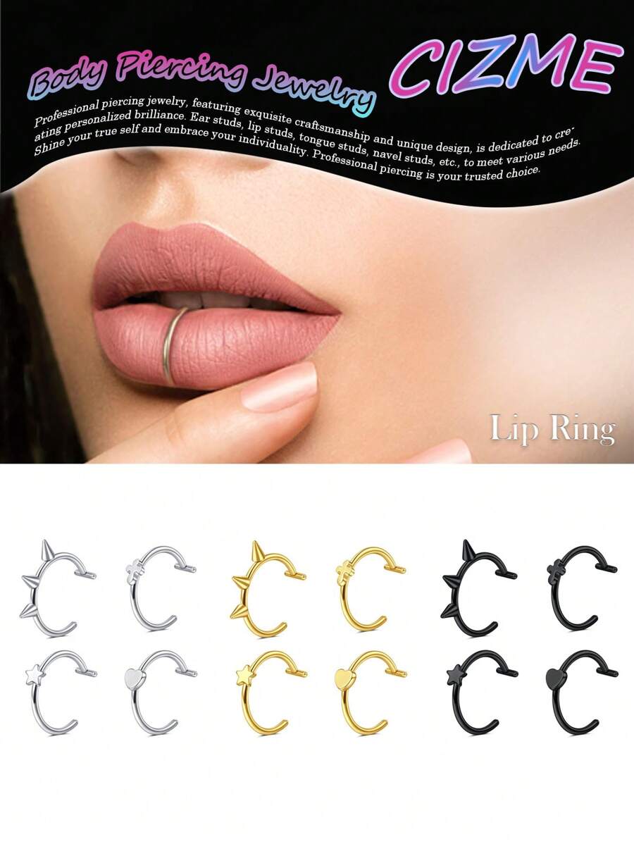 CIZME 4 Pcs Fake Lip Rings Set Stainless Steel Cyber Punk Design Non ...