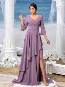 Faeriesty Mosy Elegant 3/4 Sleeves Asymmetrical Ruffles Hem Chiffon Party Dress Mother Of The Bride Dress - Mauve Purple - View 4