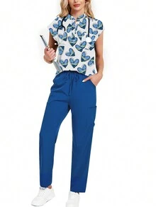 2pcs/Set Heart & Star Print Stand Collar Top And Long Pants Pajama Set - Multicolor - View 7