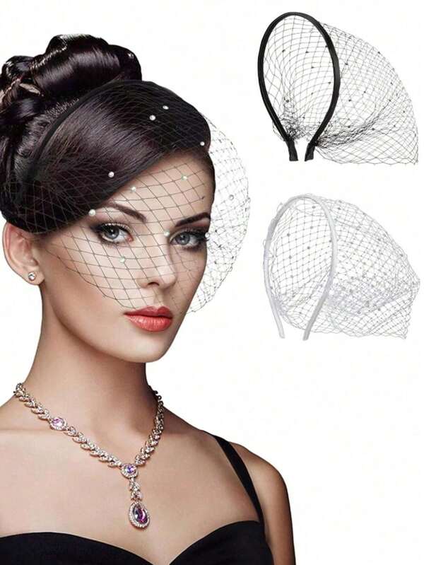 1/2PCS Elegante Mesh Sluier Hoofdband Zwarte Kristal Strass 1920s Handgemaakte Hoofdtooi Vintage Vogelkooi Sluier Net Hoofdband Handgemaakt Voor Vrouwen Bruids Bruiloft Thee Cocktail Maskerade Feest Begrafenis Kostuum, Prom Fascinator Sluier 50s 60s